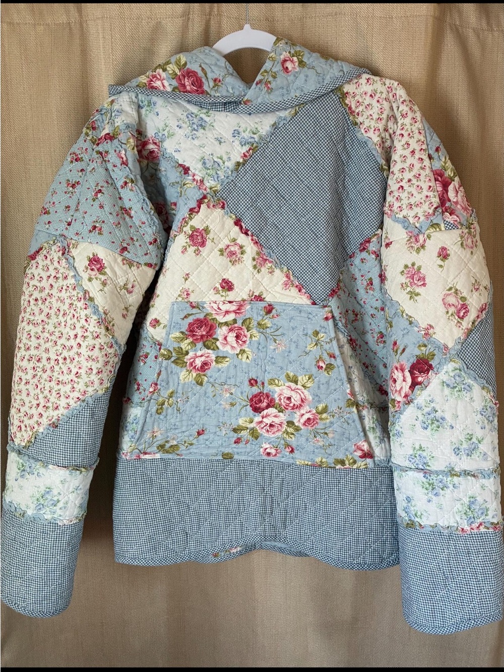 Quilted Floral Patchwork Hooded Jacket - Blue Floral